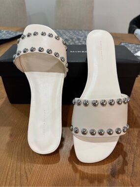 Rebecca Minkoff Cream Slide Sandals with Silver Studs